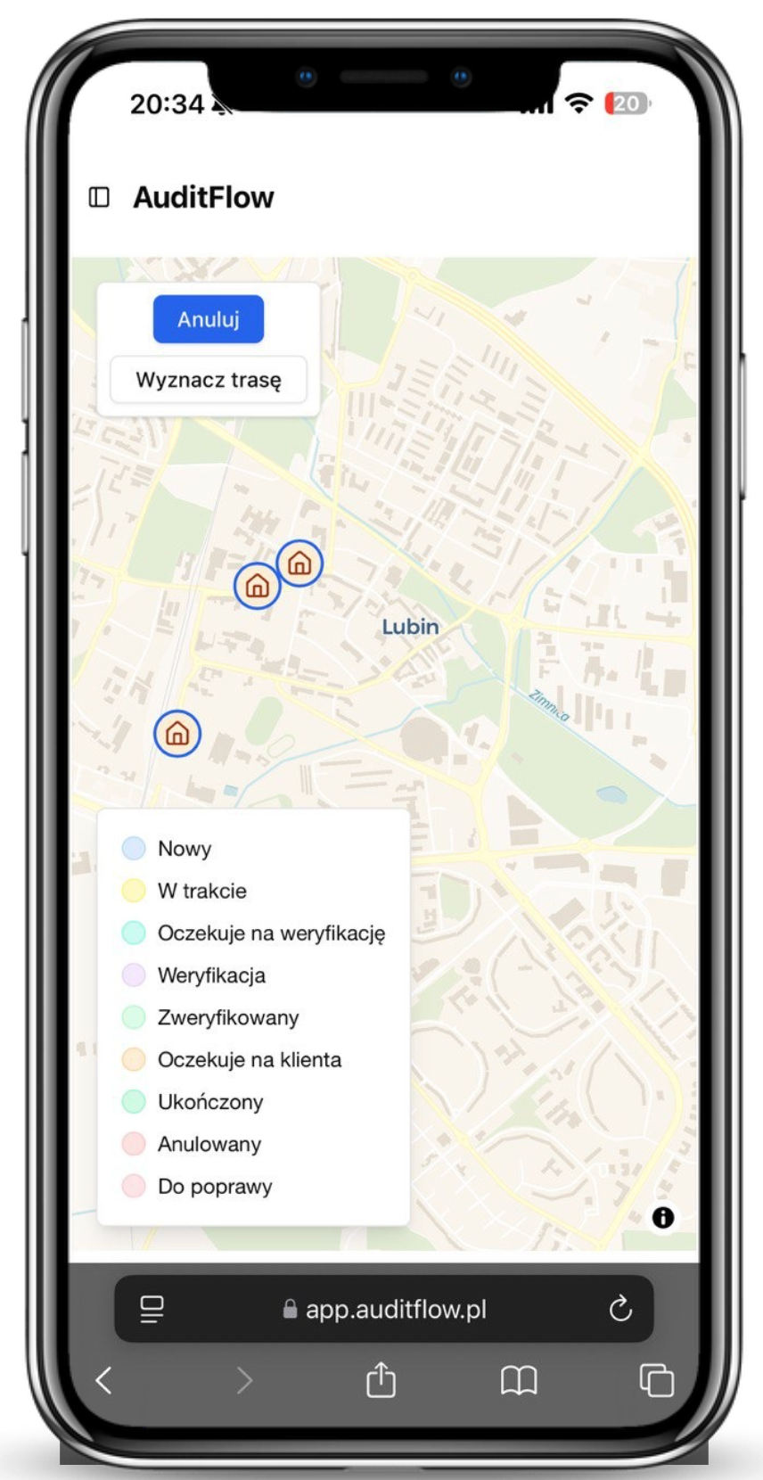 Mobilna wersja aplikacji AuditFlow pokazująca interaktywną mapę z lokalizacjami audytów energetycznych i opcjami nawigacji